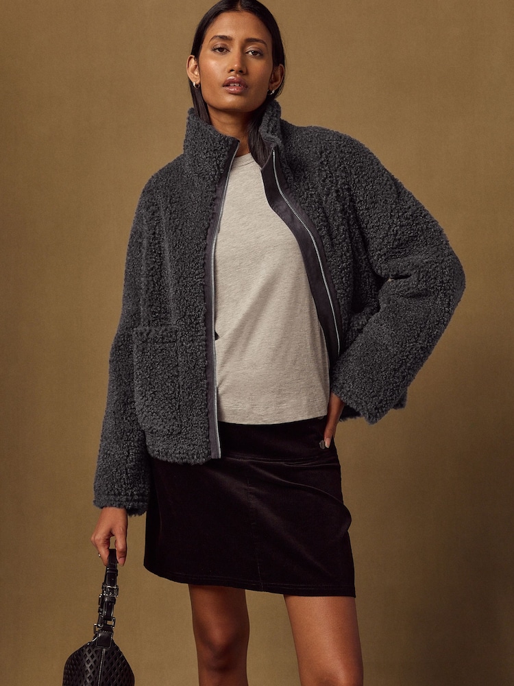Charcoal Grey Funnel Neck Zip Through Borg Jacket - Image 2 of 9
