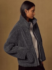 Charcoal Grey Funnel Neck Zip Through Borg Jacket - Image 3 of 9