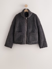 Charcoal Grey Funnel Neck Zip Through Borg Jacket - Image 6 of 9