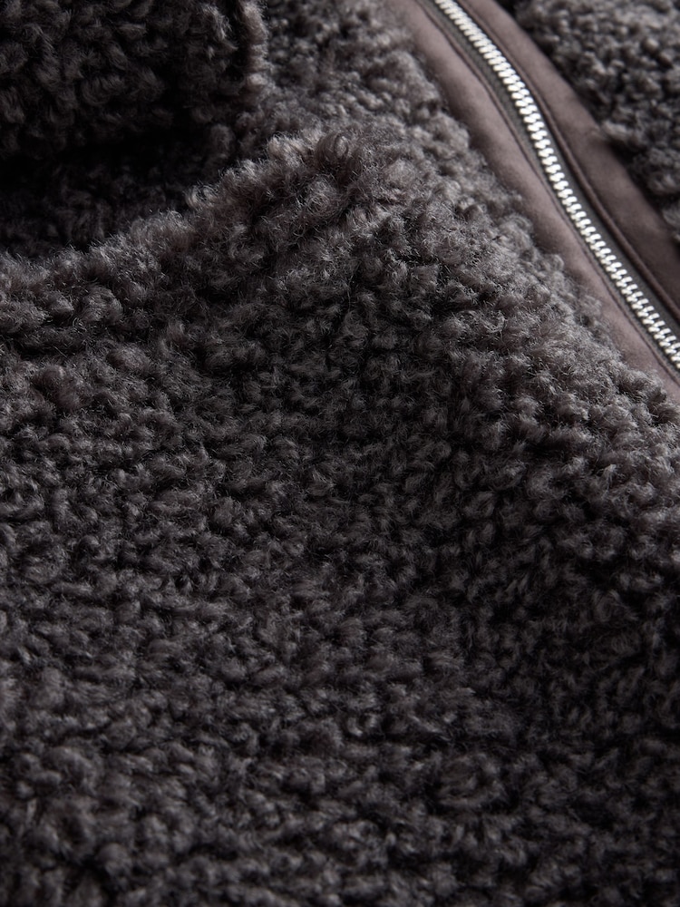 Charcoal Grey Funnel Neck Zip Through Borg Jacket - Image 9 of 9