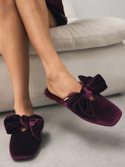 أحمر عنابي - Velvet Bow Faux Fur Lined Mule Slippers - صورة 1 من 10