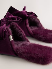 أحمر عنابي - Velvet Bow Faux Fur Lined Mule Slippers - صورة 10 من 10