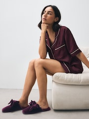 أحمر عنابي - Velvet Bow Faux Fur Lined Mule Slippers - صورة 3 من 10