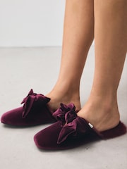 أحمر عنابي - Velvet Bow Faux Fur Lined Mule Slippers - صورة 4 من 10