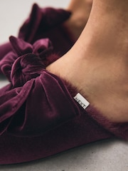 أحمر عنابي - Velvet Bow Faux Fur Lined Mule Slippers - صورة 5 من 10