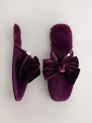 أحمر عنابي - Velvet Bow Faux Fur Lined Mule Slippers - صورة 6 من 10