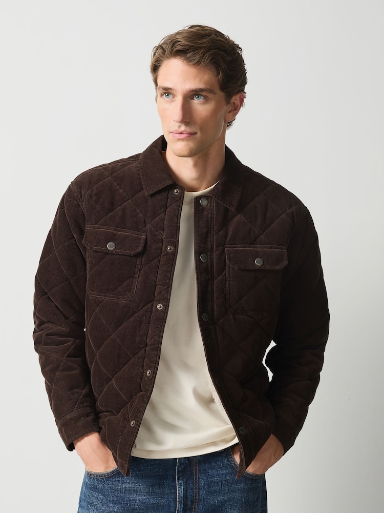 朱古力啡色 - Quilted Cord Borg Lined Shacket - 圖片 1，共 5
