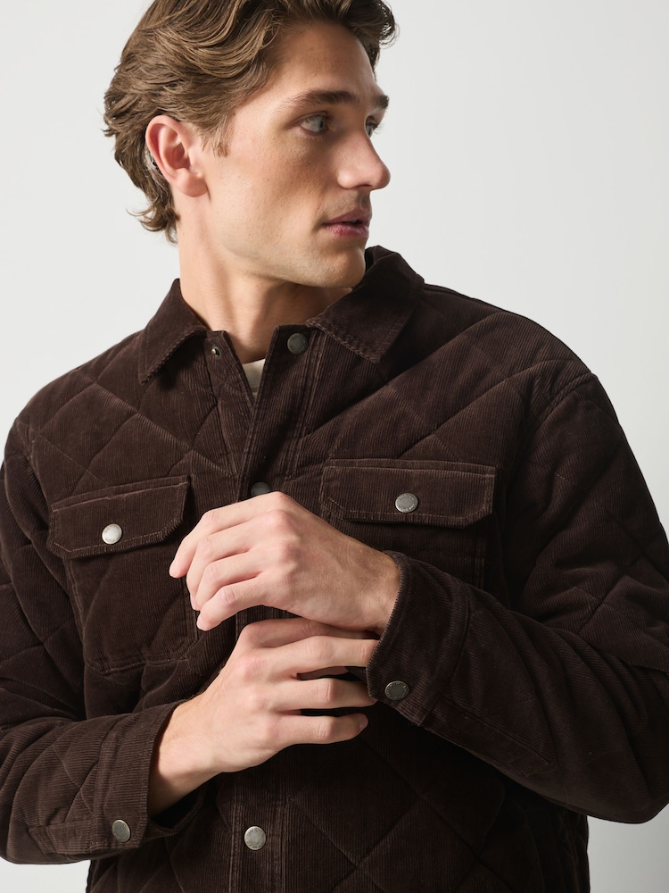 朱古力啡色 - Quilted Cord Borg Lined Shacket - 圖片 5，共 5