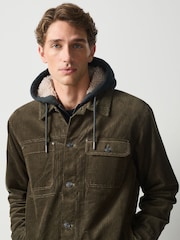 Khaki Green Quilted Cord Borg Lined Hoodie Shacket - Image 1 of 6