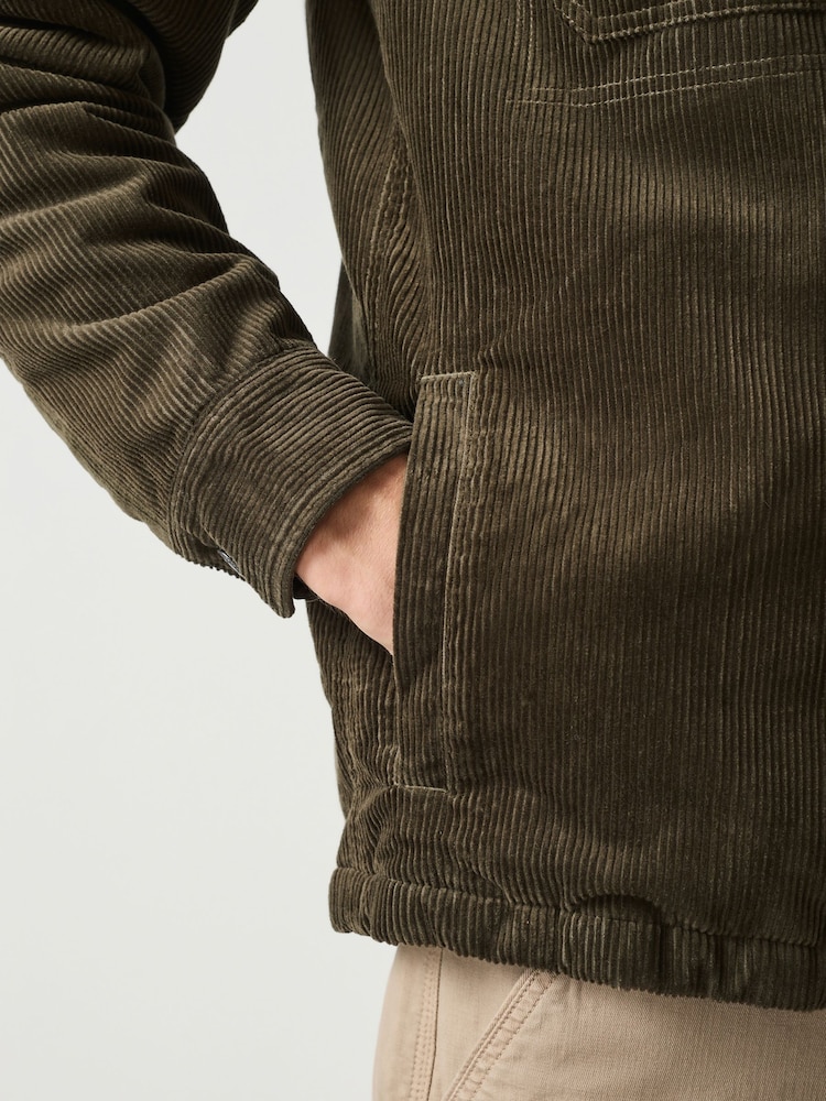 Khaki Green Quilted Cord Borg Lined Hoodie Shacket - Image 2 of 6 Khaki Green Quilted Cord Borg Lined Hoodie Shacket - Image 2 of 6