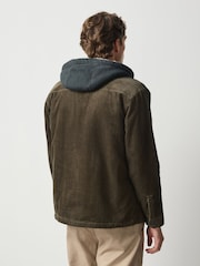 Khaki Green Quilted Cord Borg Lined Hoodie Shacket - Image 4 of 6