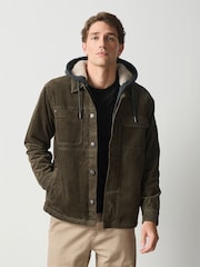 Khaki Green Quilted Cord Borg Lined Hoodie Shacket - Image 5 of 6