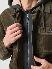 Khaki Green Quilted Cord Borg Lined Hoodie Shacket - Image 6 of 6
