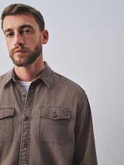 Chocolate Brown Garment Dye Washed Long Sleeve Overshirt - Image 1 of 9