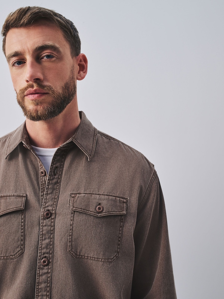 Chocolate Brown Garment Dye Washed Long Sleeve Overshirt - Image 1 of 9