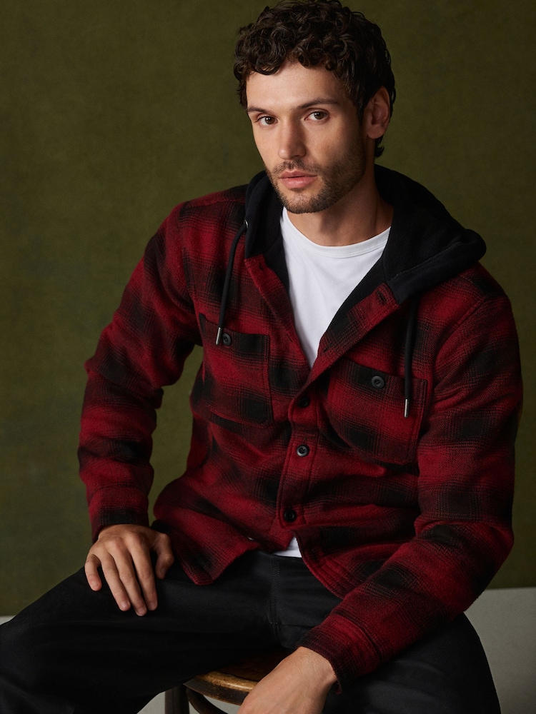 Red Borg Lined Hooded Check Shacket - Image 1 of 5 Red Borg Lined Hooded Check Shacket - Image 1 of 5