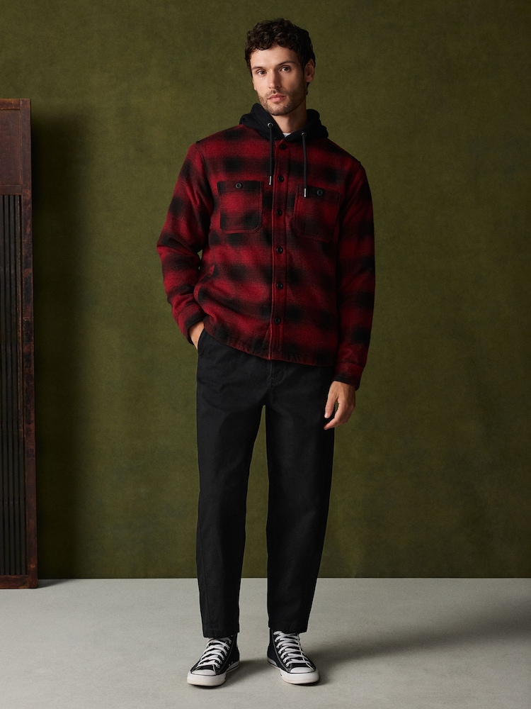 Red Borg Lined Hooded Check Shacket - Image 2 of 5 Red Borg Lined Hooded Check Shacket - Image 2 of 5