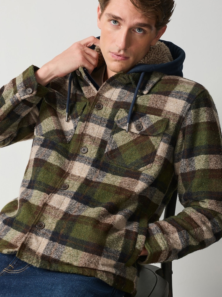 Green Borg Lined Hooded Check Shacket - Image 1 of 5