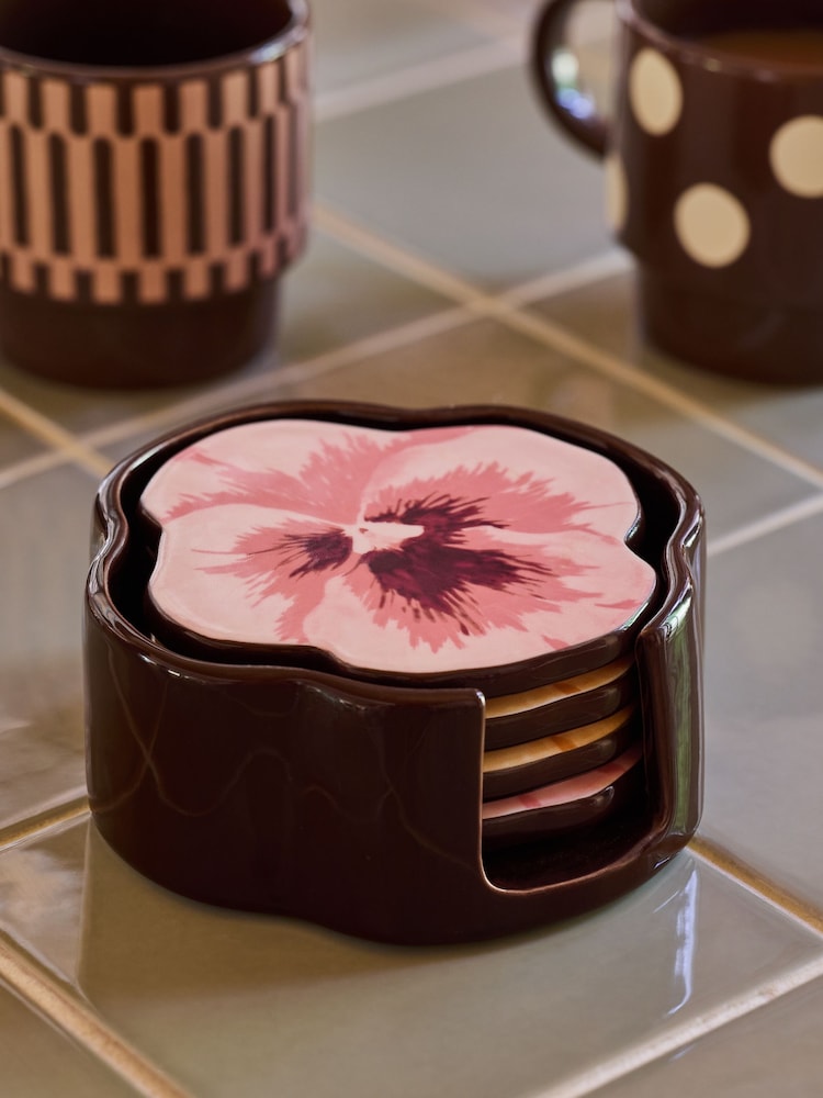 Poodle & Blonde Set of 4 Pink Pansy Coasters - Image 2 of 4