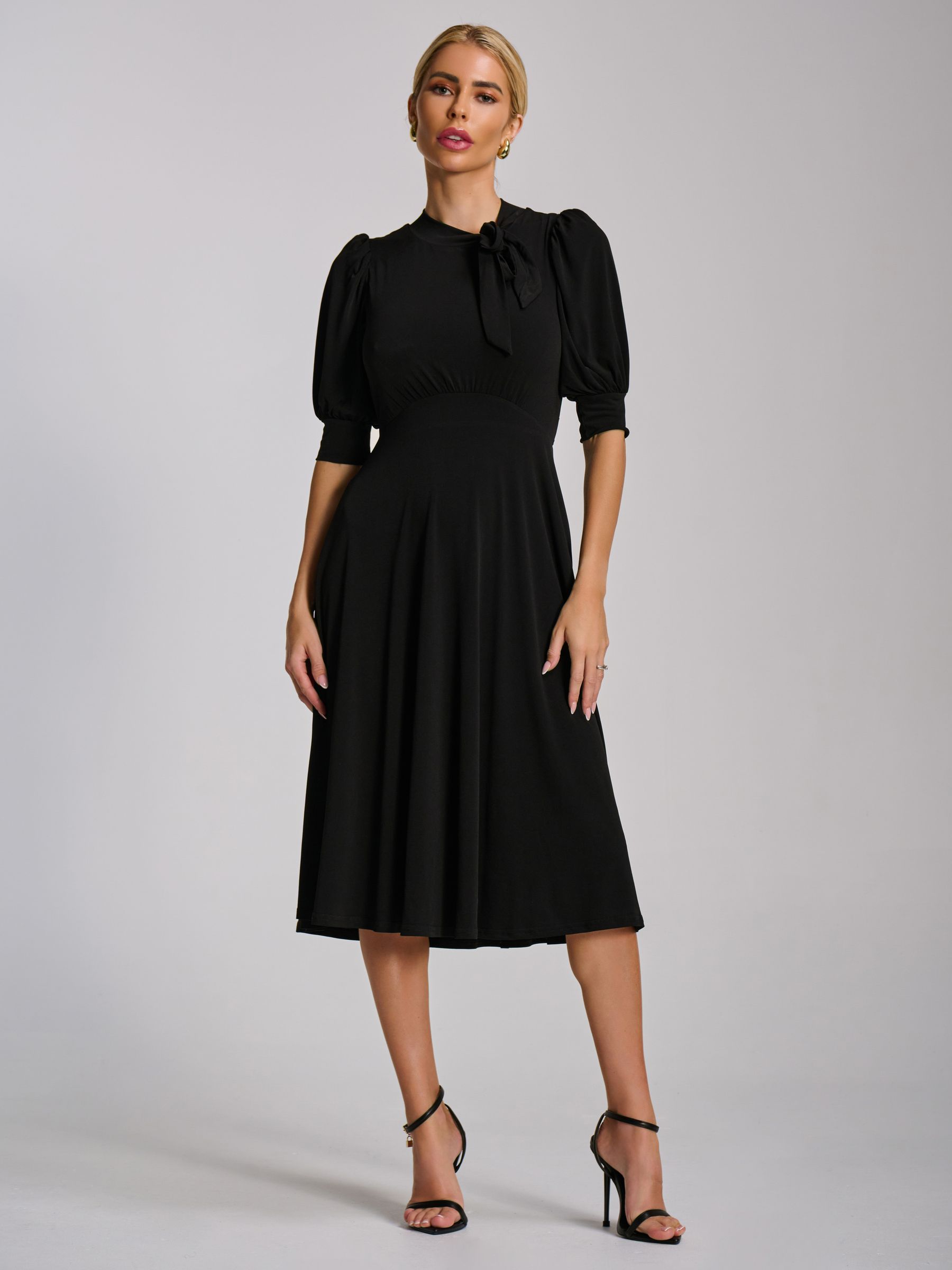 Buy Jolie Moi Black Tie Neck Puffy Sleeve Jersey Midi Dress from