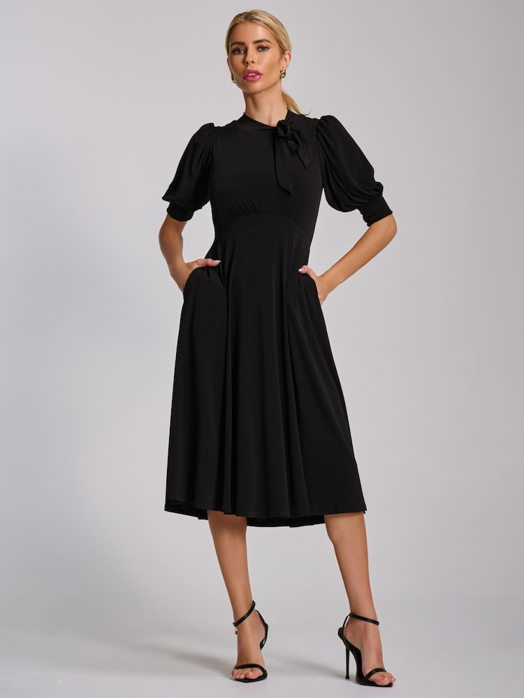 Womens Jolie Moi Black Tie Neck Puffy Sleeve Jersey Midi Dress US 12