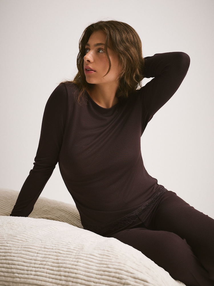 Chocolate Brown Base Layer Lace Trim Long Sleeve Thermal - Image 1 of 7 Chocolate Brown Base Layer Lace Trim Long Sleeve Thermal - Image 1 of 7
