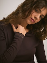 Chocolate Brown Base Layer Lace Trim Long Sleeve Thermal - Image 2 of 7