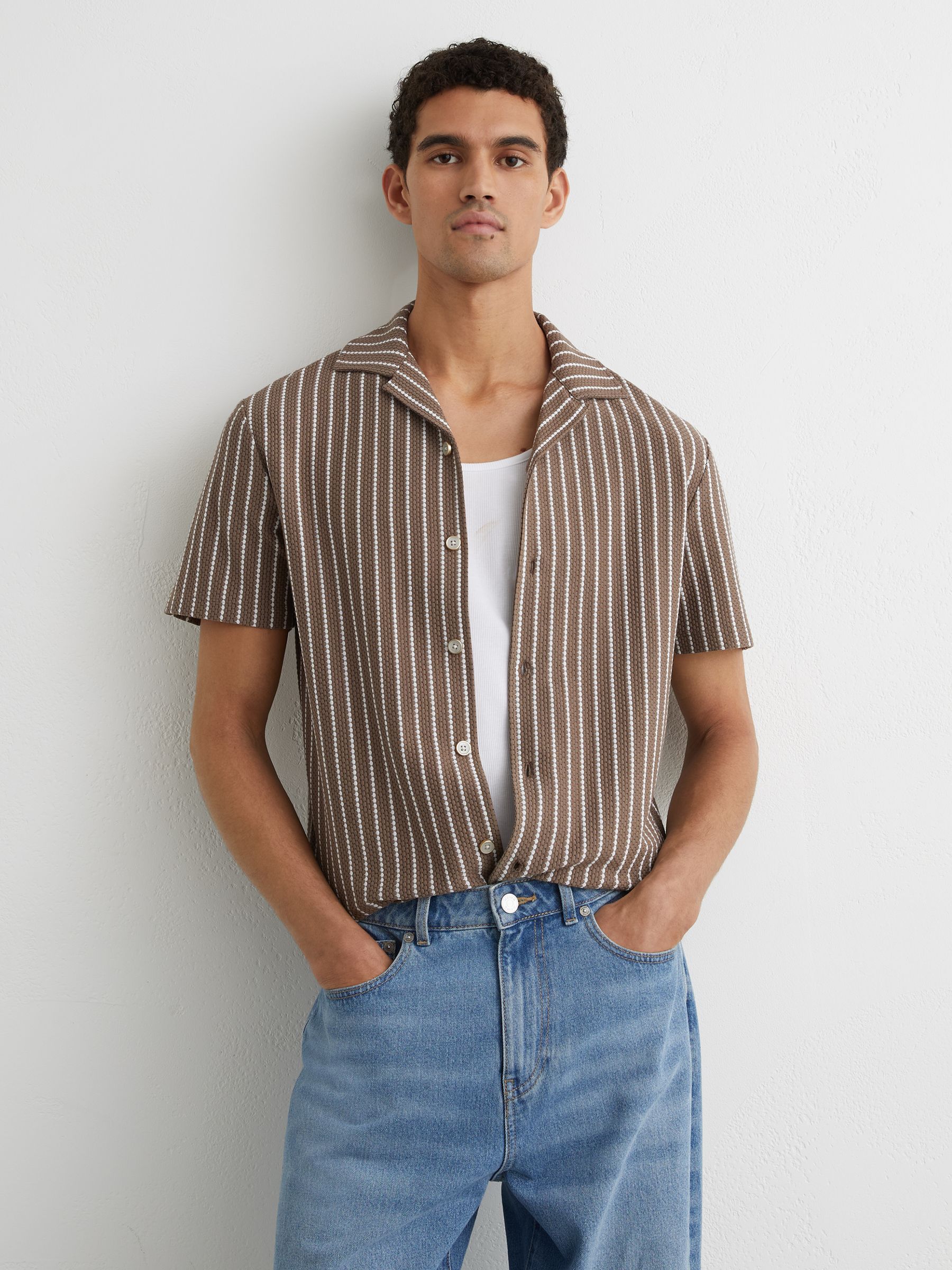 Buy Reiss Brown/Ecru Percy Textured-Stripe Cuban-Collar Shirt