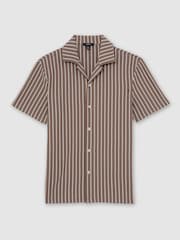 Reiss Brown/Ecru Percy Textured-Stripe Cuban-Collar Shirt Cotton-Blend - Image 2 of 7