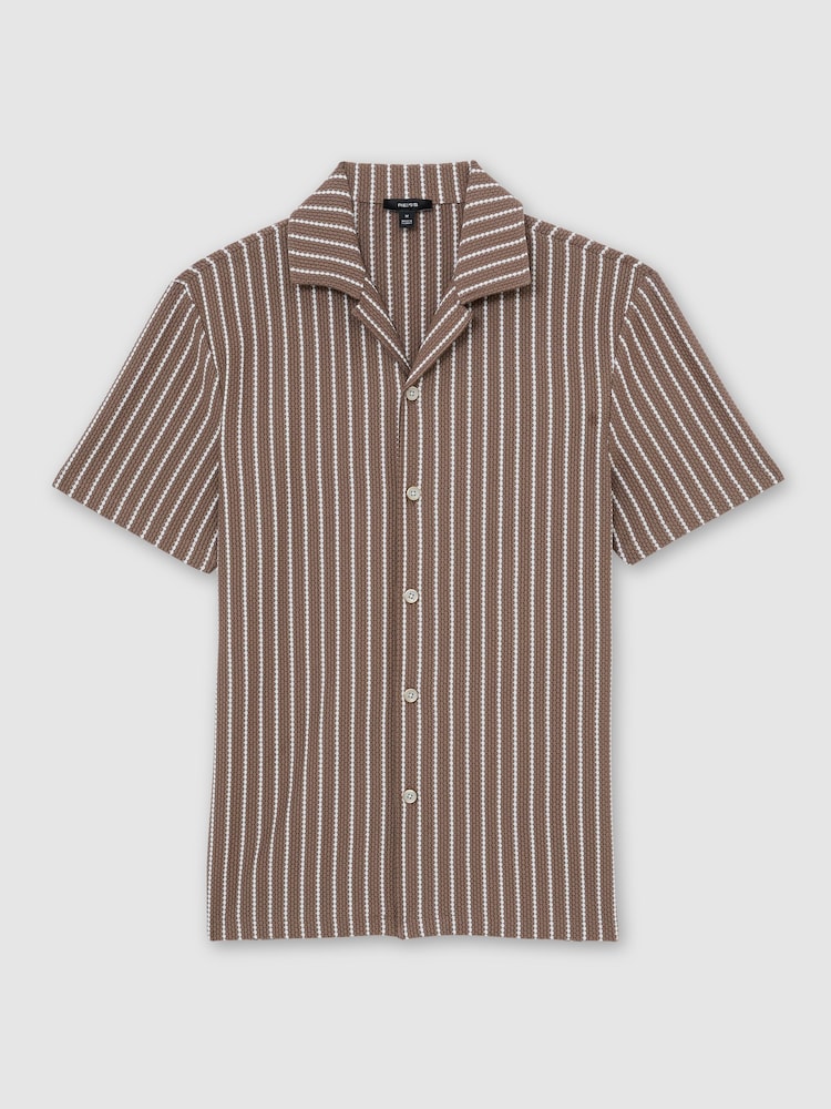 Reiss Brown/Ecru Percy Textured-Stripe Cuban-Collar Shirt Cotton-Blend - Image 2 of 7