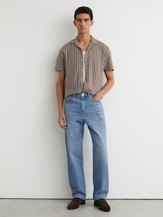 Reiss Brown/Ecru Percy Textured-Stripe Cuban-Collar Shirt Cotton-Blend - Image 4 of 7