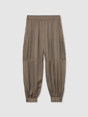 Reiss Taupe Neutral Neave Petite Satin Balloon-Leg Trousers - Image 2 of 9