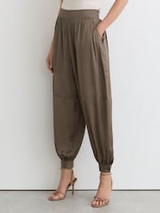 Reiss Taupe Neutral Neave Petite Satin Balloon-Leg Trousers - Image 3 of 9