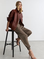 Reiss Taupe Neutral Neave Petite Satin Balloon-Leg Trousers - Image 5 of 9