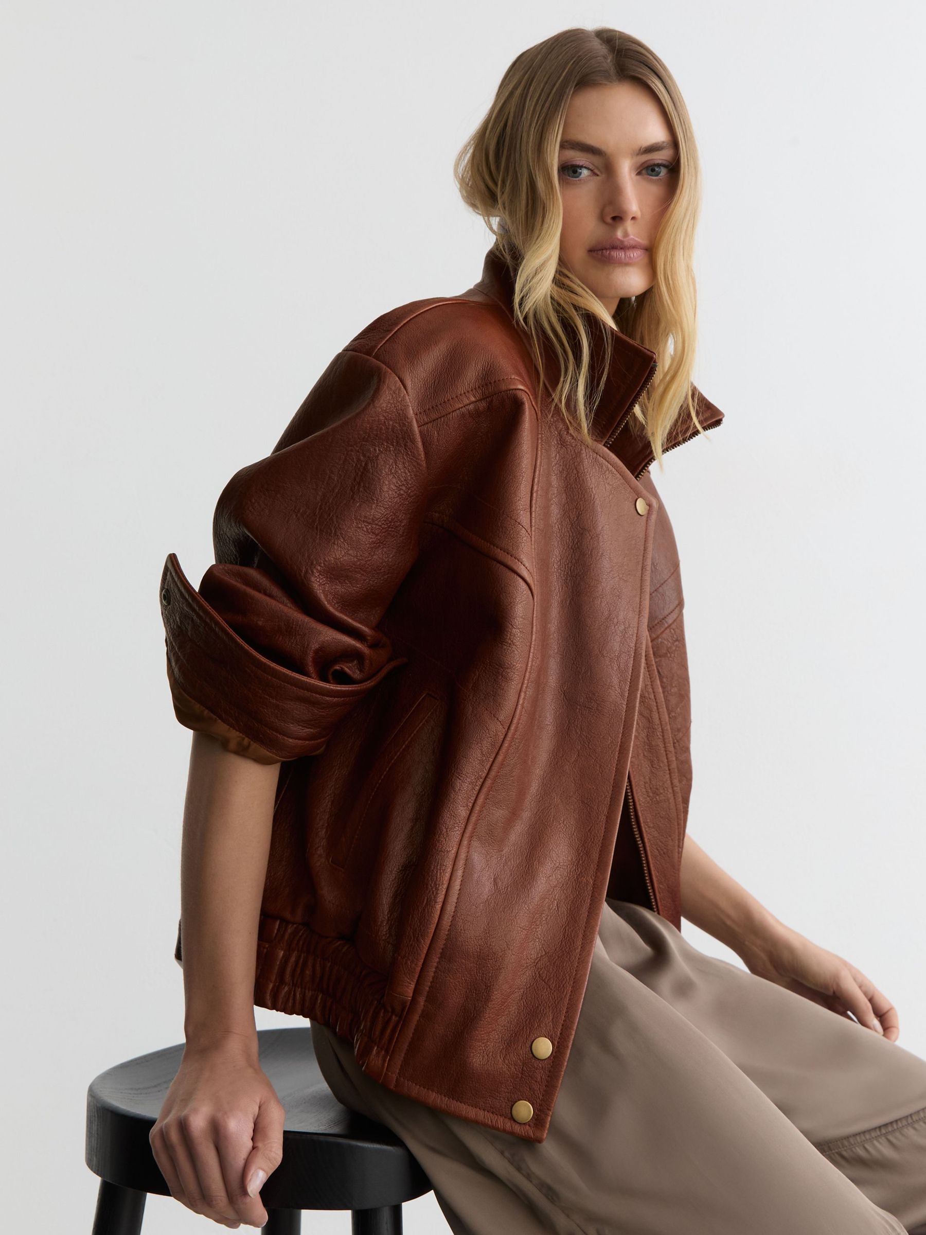 Buy Reiss Chestnut Brown Petra Petite Textured Leather Oversized