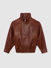 Reiss Chestnut Brown Petra Petite Textured Leather Oversized Jacket - Image 2 of 10