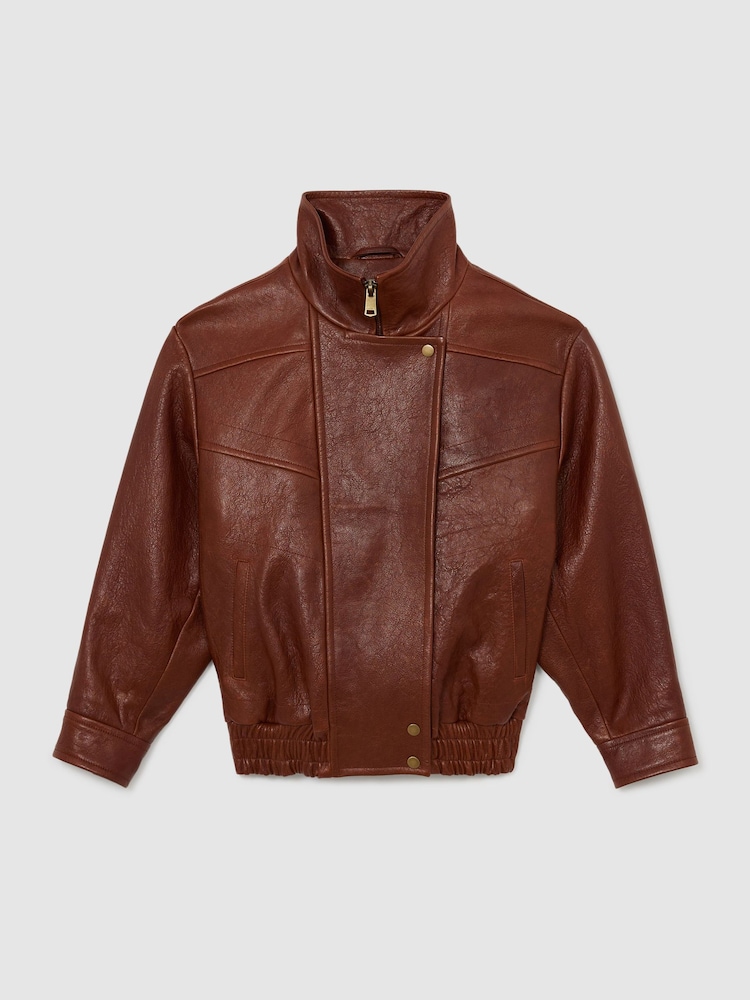 Reiss Chestnut Brown Petra Petite Textured Leather Oversized Jacket - Image 2 of 10