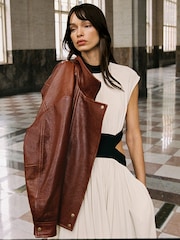 Reiss Chestnut Brown Petra Petite Textured Leather Oversized Jacket - Image 3 of 10