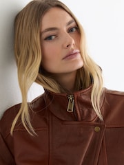 Reiss Chestnut Brown Petra Petite Textured Leather Oversized Jacket - Image 7 of 10