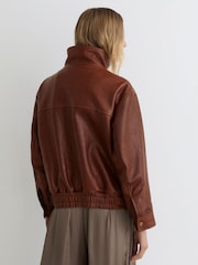 Reiss Chestnut Brown Petra Petite Textured Leather Oversized Jacket - Image 8 of 10