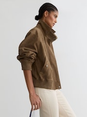 Reiss Neutral Cara Suede Funnel-Neck Bomber Jacket - Image 1 of 8