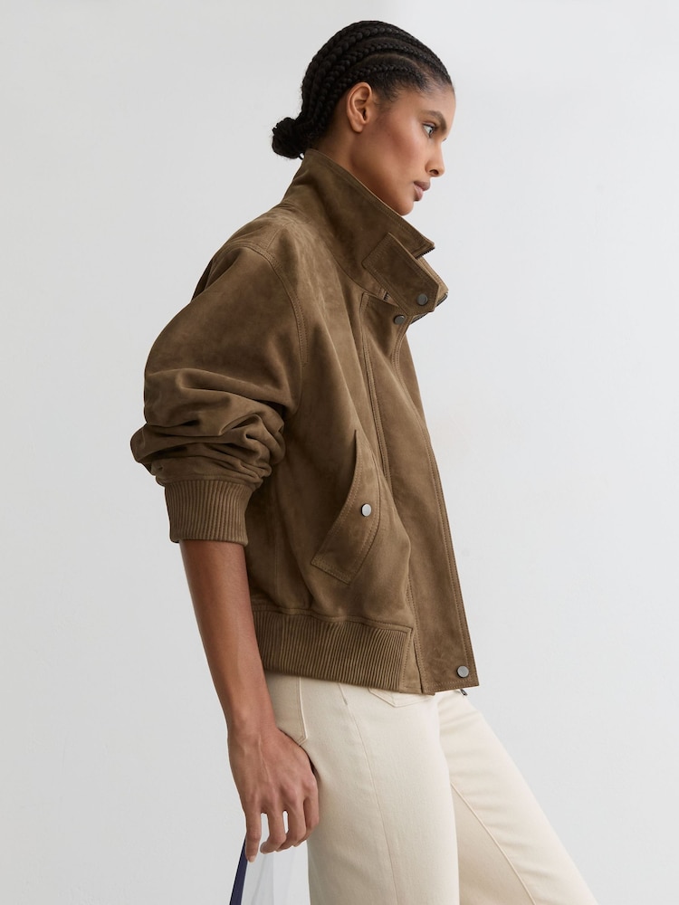 Reiss Neutral Cara Suede Funnel-Neck Bomber Jacket - Image 1 of 8