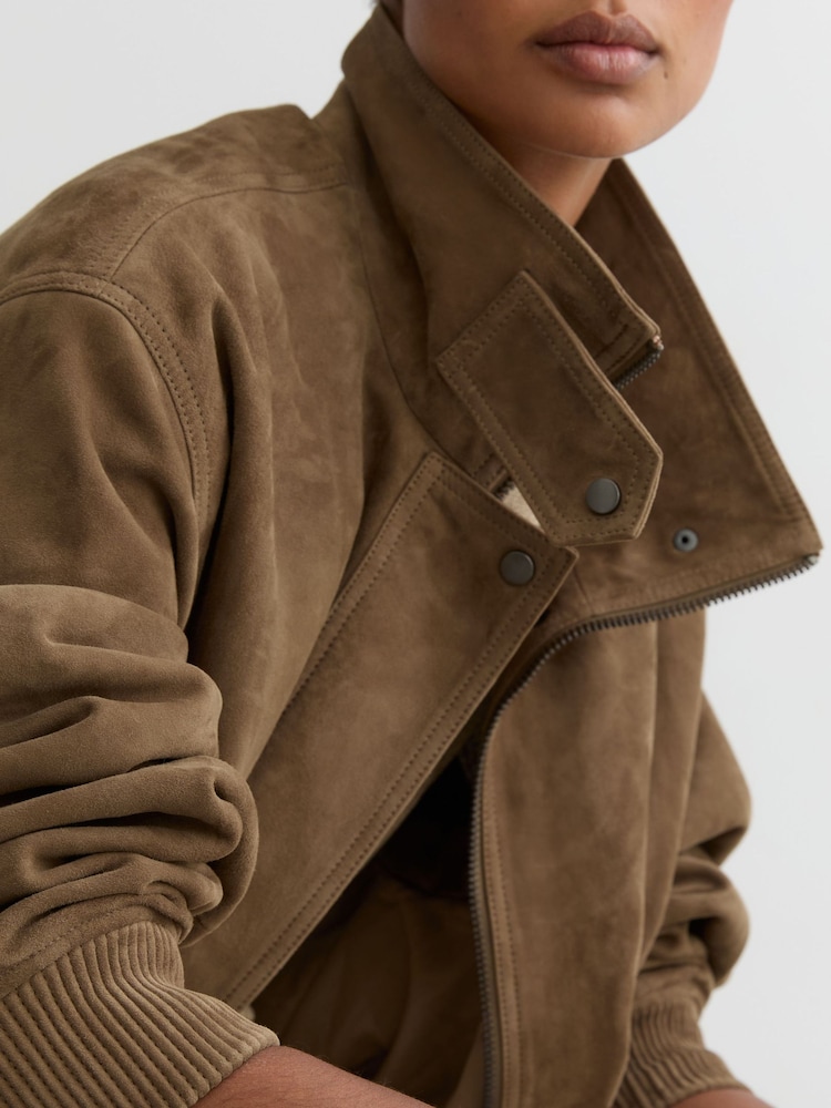 Reiss Neutral Cara Suede Funnel-Neck Bomber Jacket - Image 8 of 8