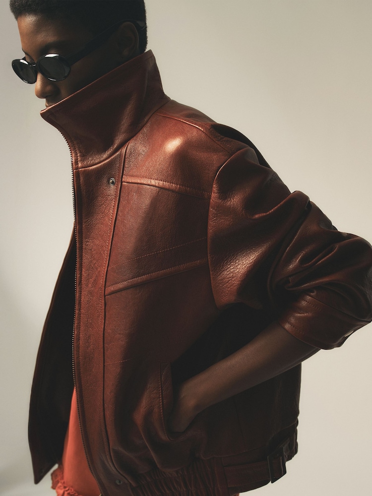 Reiss Petra Textured Leather Oversized Jacket - תמונה 1 מתוך 9