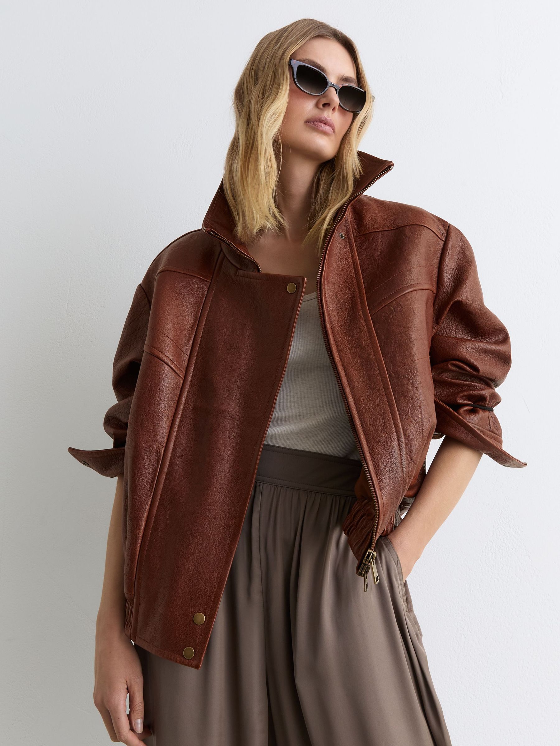 Buy Reiss Chestnut Brown Petra Textured Leather Oversized Jacket