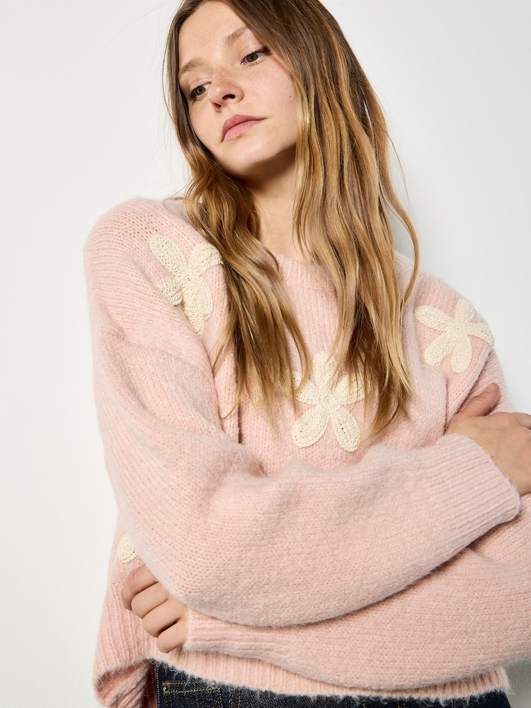 Apricot Pink Crochet Daisies Boxy Jumper - Image 1 of 5