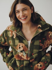 Green Check Charlie The Cockapoo Half Zip Borg Fleece - Image 1 of 8