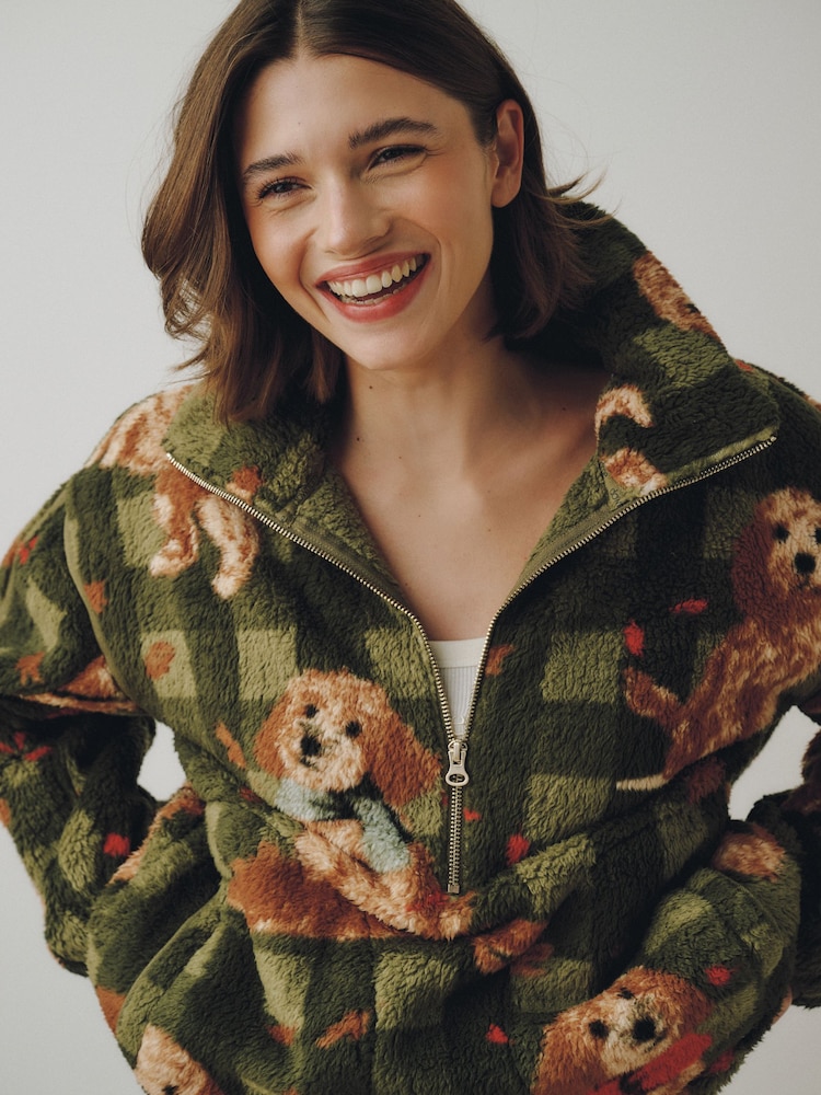 Green Check Charlie The Cockapoo Half Zip Borg Fleece - Image 1 of 8