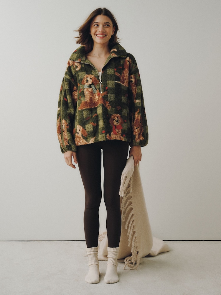 Green Check Charlie The Cockapoo Half Zip Borg Fleece - Image 2 of 8