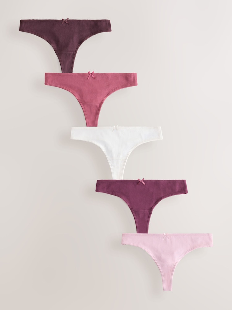 Berry Pink Thong Cotton Rich Knickers 5 Pack - Image 1 of 8 Berry Pink Thong Cotton Rich Knickers 5 Pack - Image 1 of 8